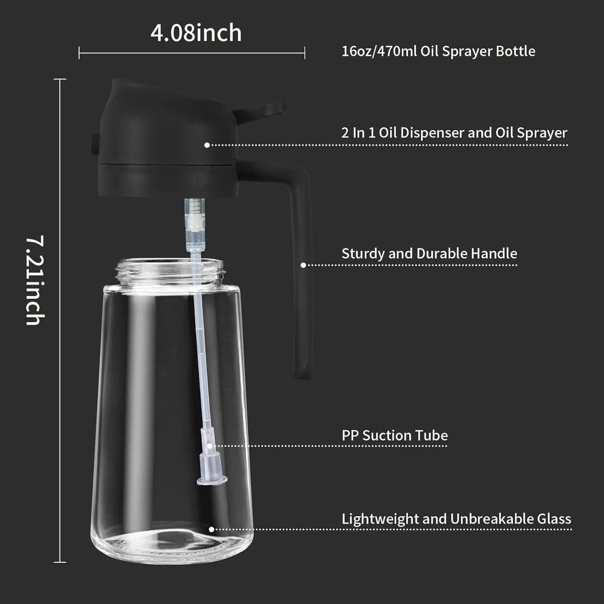 2-in-1 Glass Oil Sprayer & Dispenser Bottle, 500ml – Leak-Proof Cooking Oil Bottle with Handle