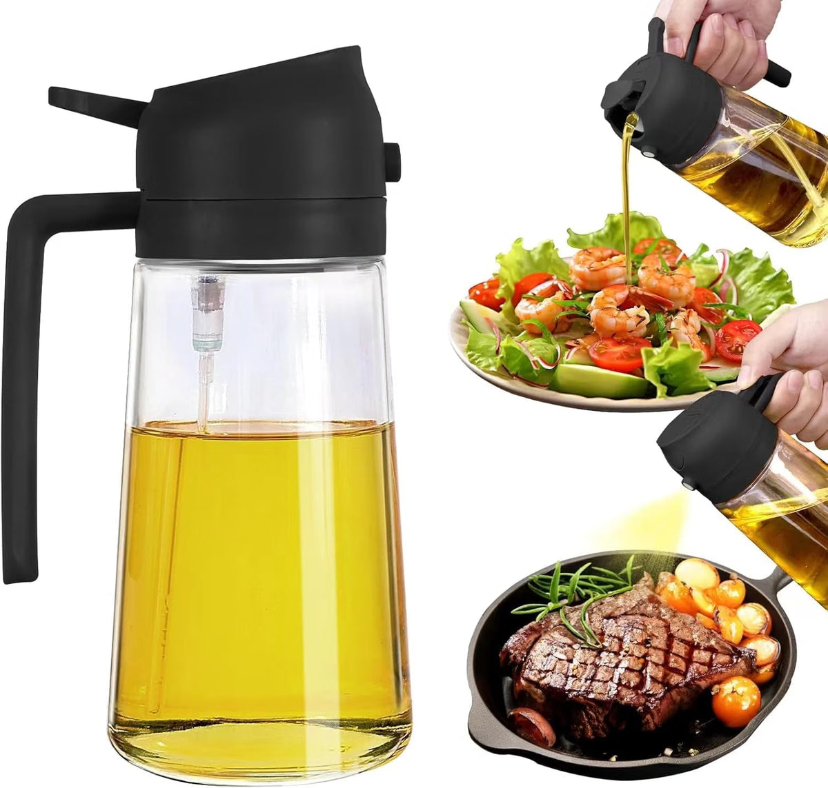 2-in-1 Glass Oil Sprayer & Dispenser Bottle, 500ml – Leak-Proof Cooking Oil Bottle with Handle