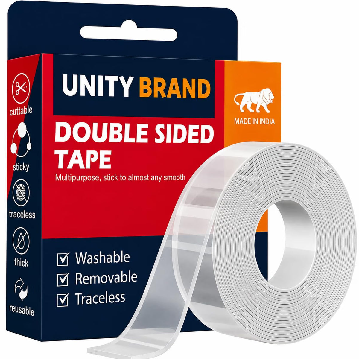Double Sided Tape – Clear, Washable, Reusable & Removable | Strong Grip Multipurpose Adhesive Tape (PACK OF 2)