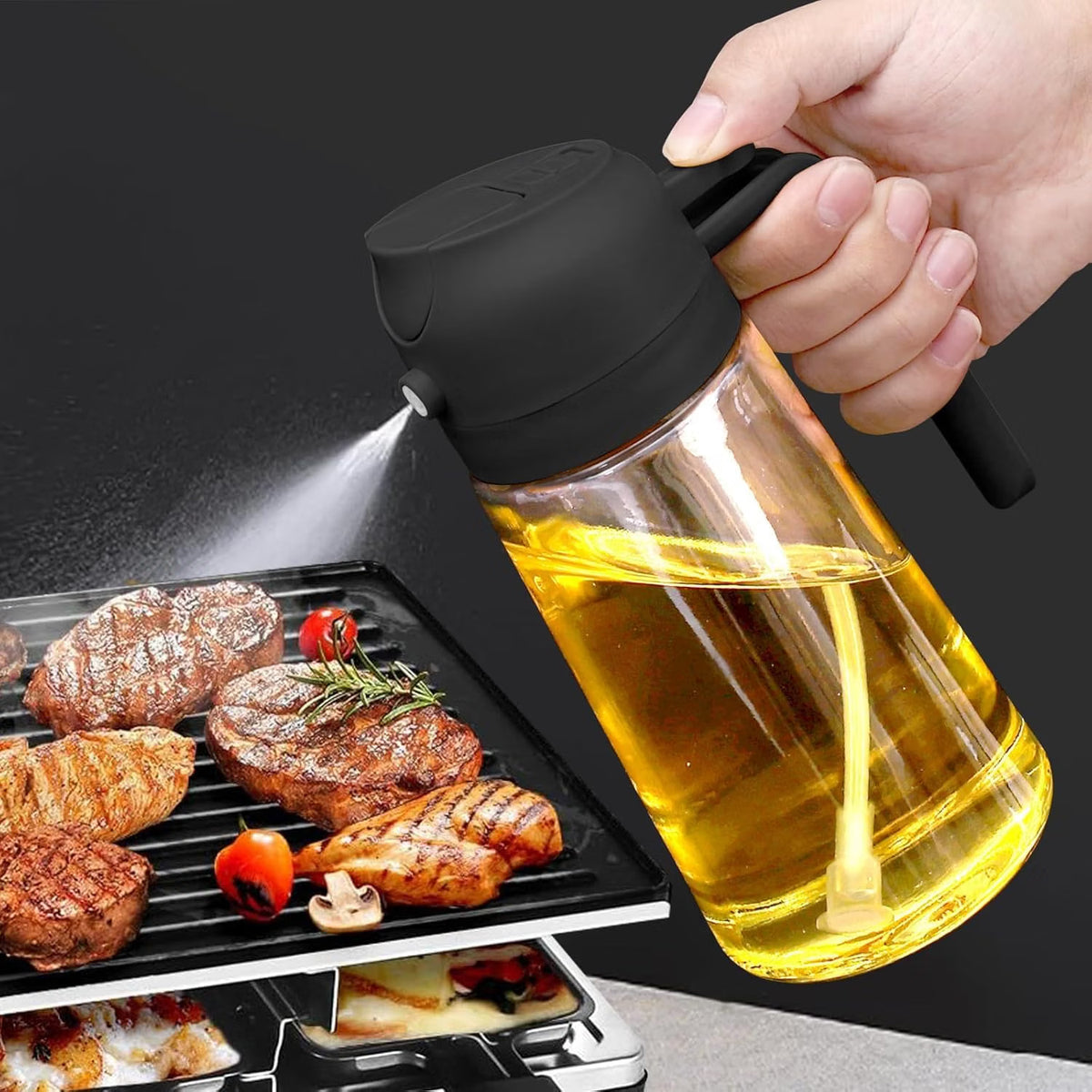 2-in-1 Glass Oil Sprayer & Dispenser Bottle, 500ml – Leak-Proof Cooking Oil Bottle with Handle