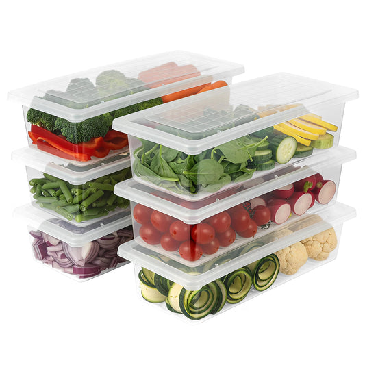 Fridge Storage Containers with Drain Plate (Pack of 6) – Stackable, BPA-Free Clear Boxes for Fruits & Vegetables