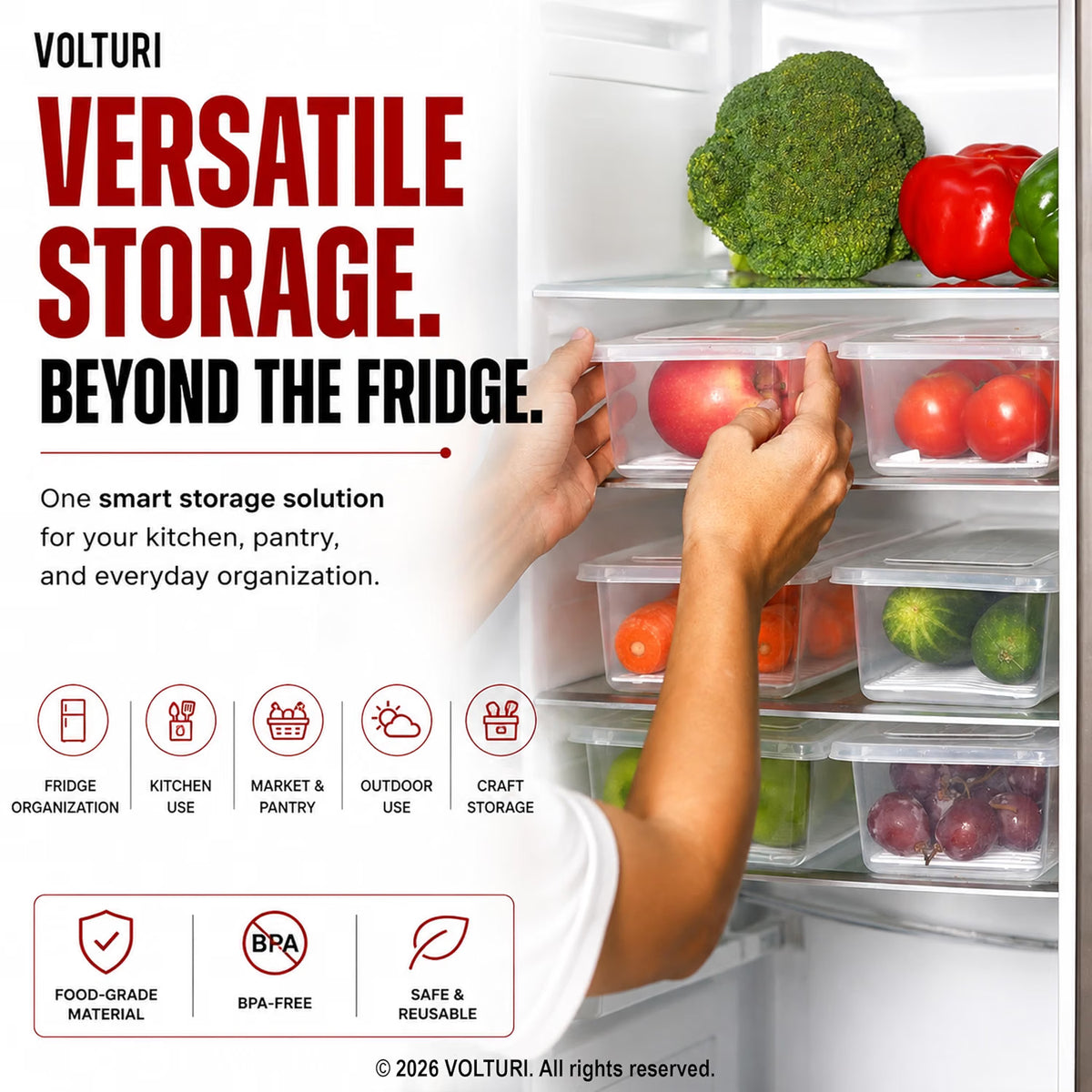 Fridge Storage Containers with Drain Plate (Pack of 6) – Stackable, BPA-Free Clear Boxes for Fruits & Vegetables
