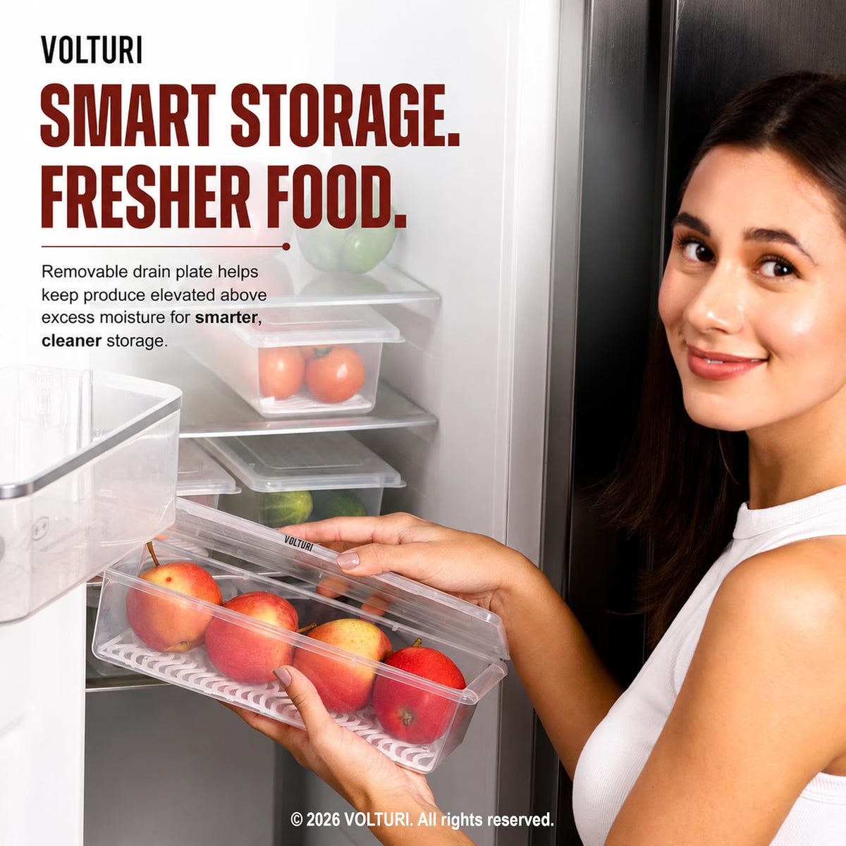 Fridge Storage Containers with Drain Plate (Pack of 6) – Stackable, BPA-Free Clear Boxes for Fruits & Vegetables