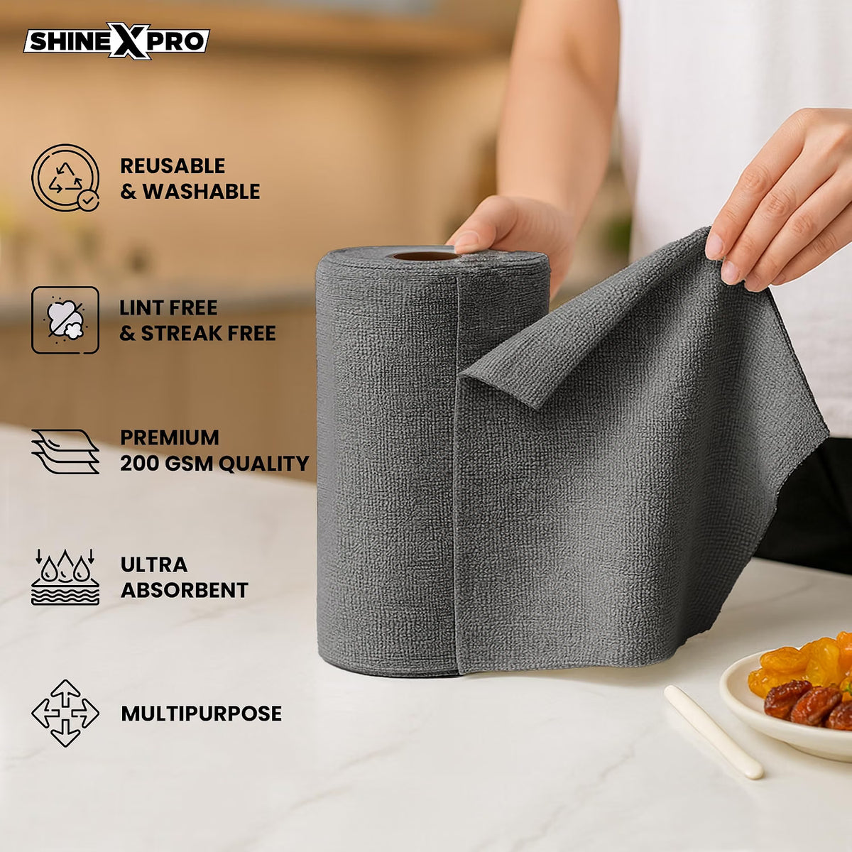 Microfiber Cleaning Cloth Roll – 20 Pre-Cut Towels, 25x25 cm | Reusable, Washable & Lint-Free (Grey)