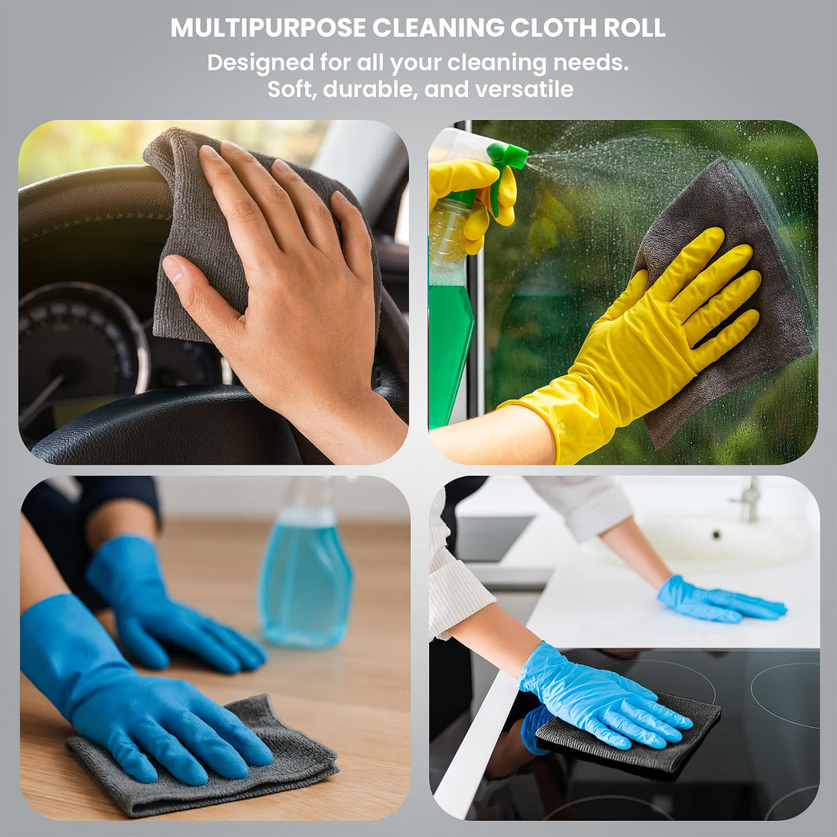 Microfiber Cleaning Cloth Roll – 20 Pre-Cut Towels, 25x25 cm | Reusable, Washable & Lint-Free (Grey)