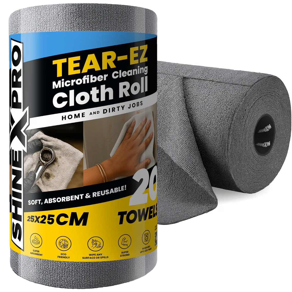 Microfiber Cleaning Cloth Roll – 20 Pre-Cut Towels, 25x25 cm | Reusable, Washable & Lint-Free (Grey)