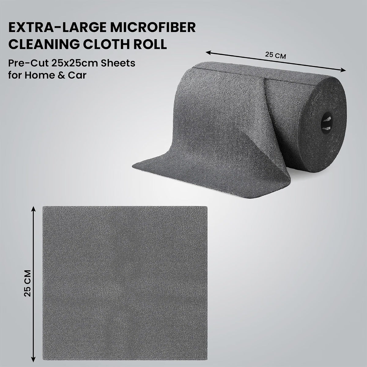 Microfiber Cleaning Cloth Roll – 20 Pre-Cut Towels, 25x25 cm | Reusable, Washable & Lint-Free (Grey)
